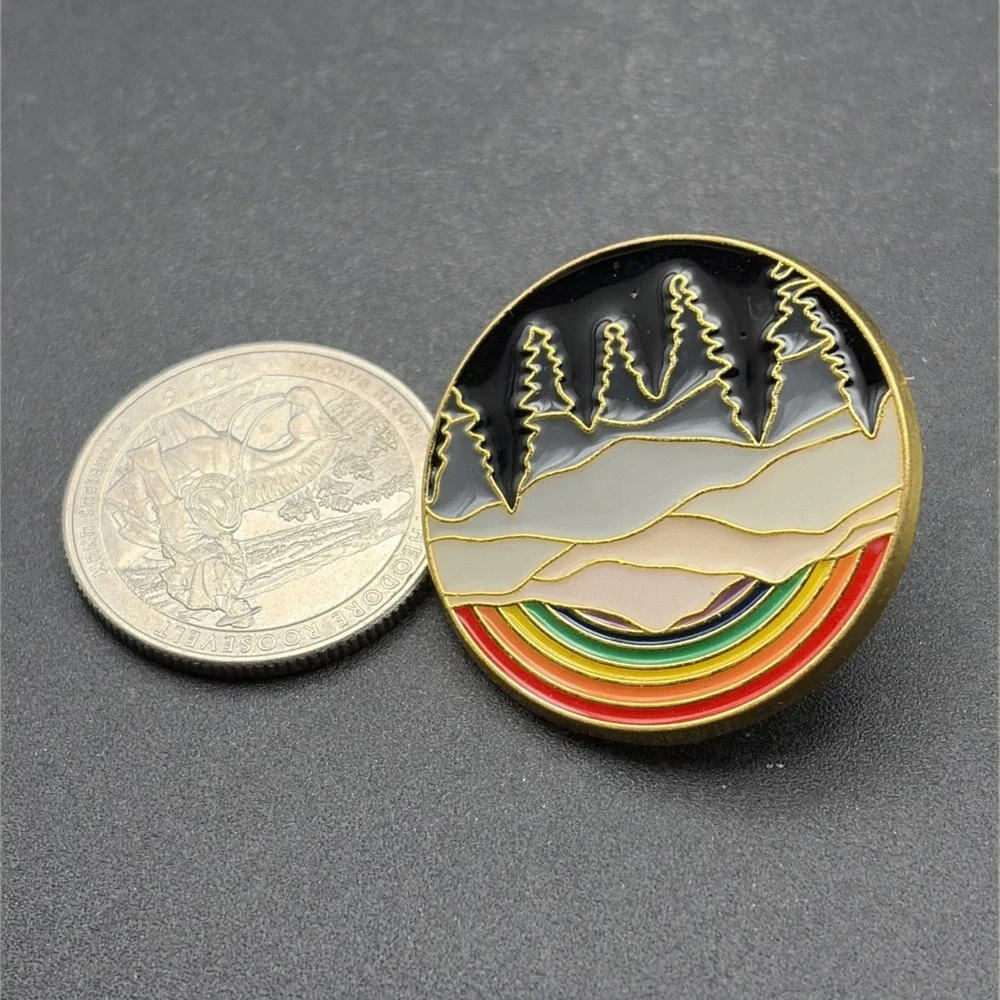 Cartoon Rainbow Upside Down Nighttime Forest Trees Snow Mountains Lapel Hat Pin‎